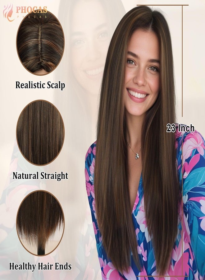 PHOCAS Long Brown Wig 23" Long Straight Brunette Wigs for Women Synthetic Chocolate Dark Brown Wigs with Highlight for Women Daily Party - Image 4